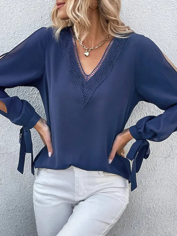 women's long sleeve cross-border solid color hollow shirt - Venus Trendy Fashion Online