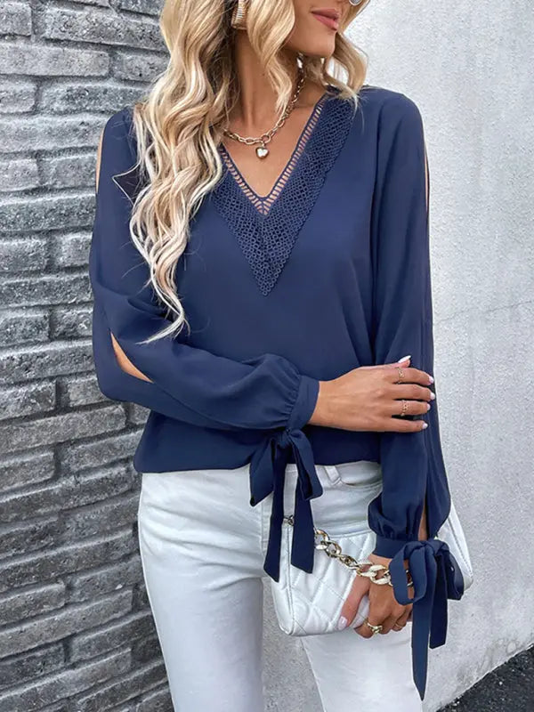 women's long sleeve cross-border solid color hollow shirt - Venus Trendy Fashion Online