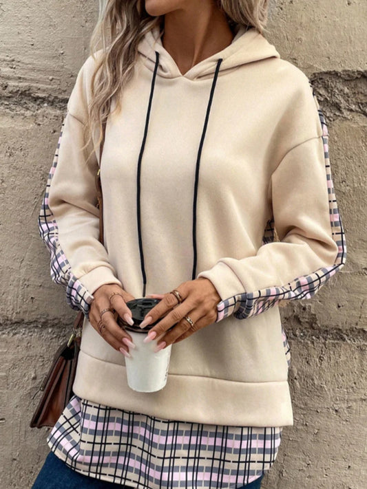 New women's fashion hooded contrasting plaid splicing slit sweatshirt Venus Trendy Fashion Online