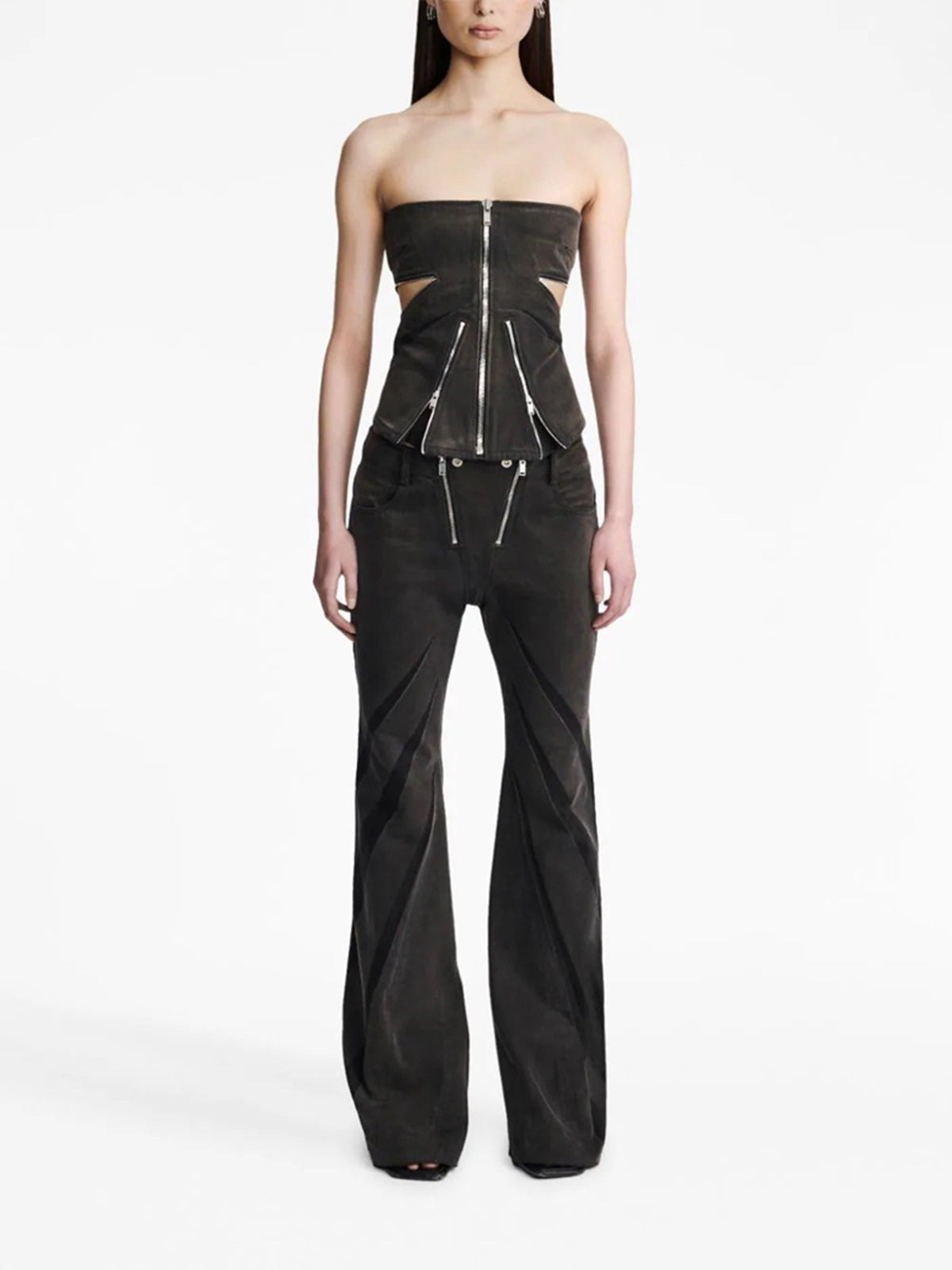 Women  Color Contrast Patchwork Tube Top & Three Dimensional Split Double Zipper Stitching Elastic Jeans