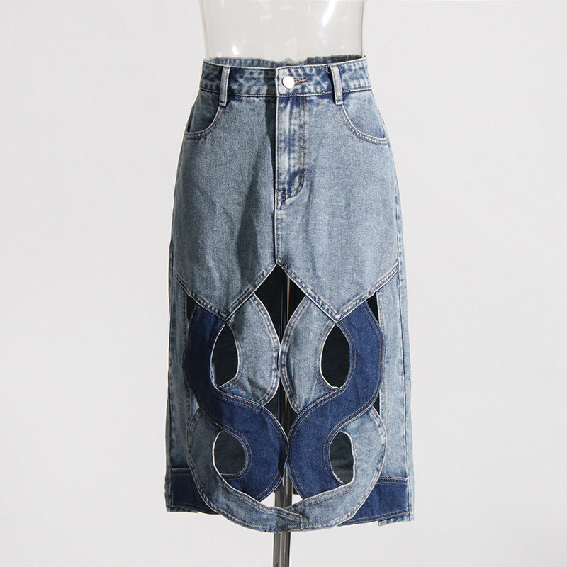Minority Stitching Hollow Out Cutout Out Women Skirt A Line Casual Design Denim Skirt Women