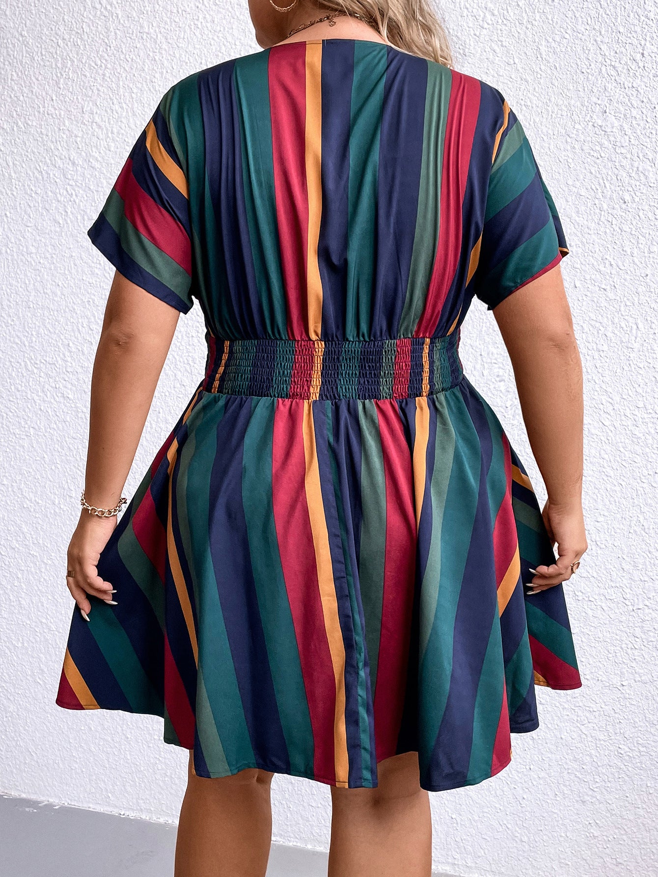 Plus Size Women V neck Striped Waist Slimming Dress