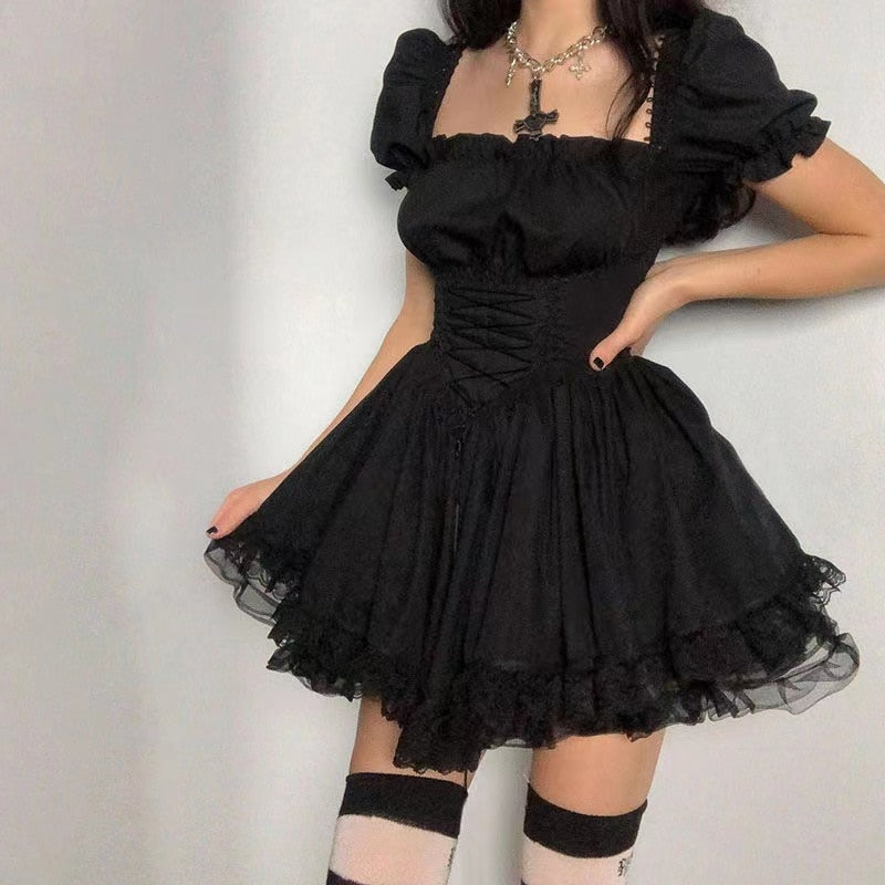 Lolita Goth Aesthetic Puff Sleeve High Waist Vintage Bandage Lace Trim Party Gothic Clothes