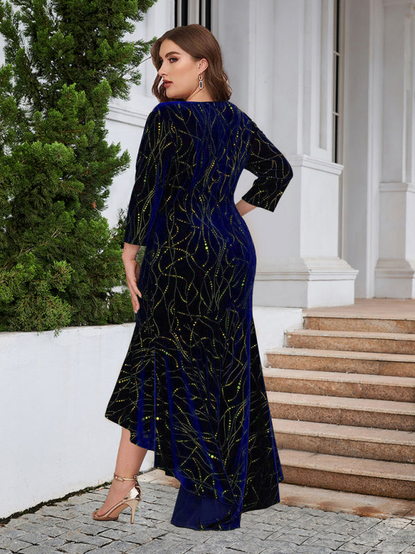 Three-quarter sleeve mermaid high-low hem maxi velvet dress Venus Trendy Fashion Online