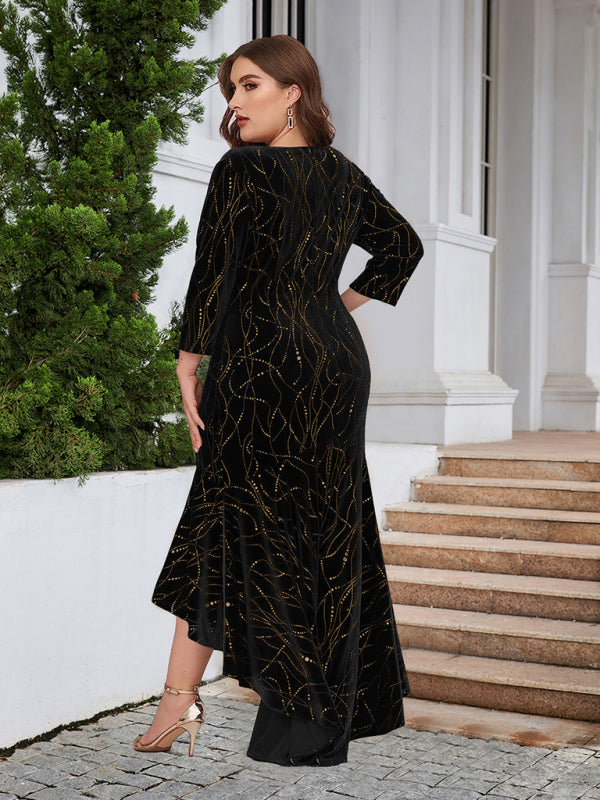 Three-quarter sleeve mermaid high-low hem maxi velvet dress Venus Trendy Fashion Online