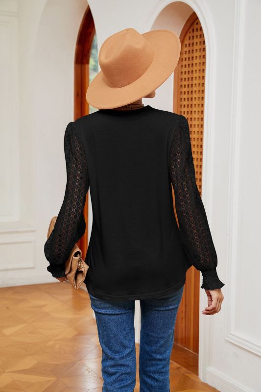V-neck lace patchwork hollow long-sleeved loose top T-shirt Venus Trendy Fashion Online