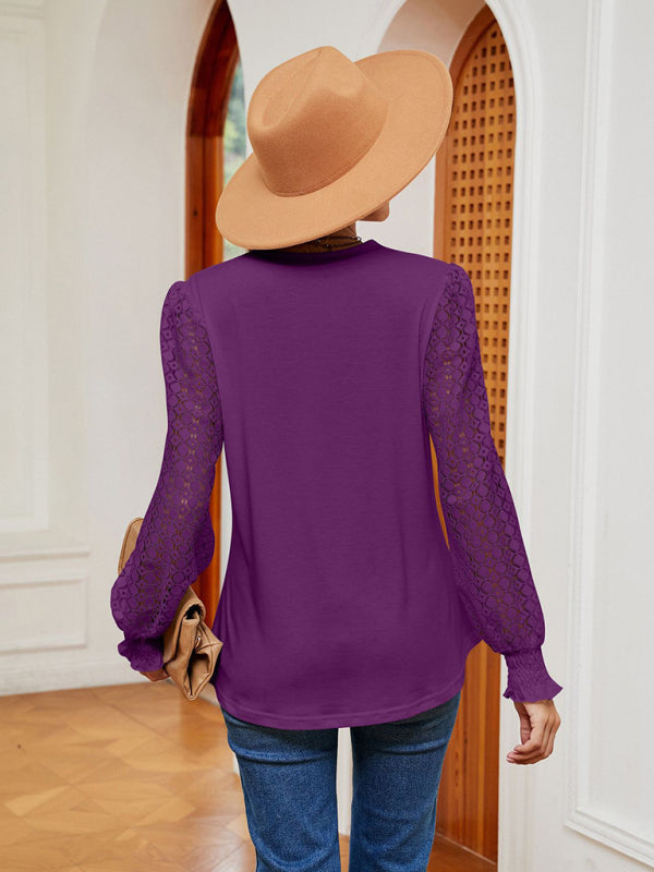 V-neck lace patchwork hollow long-sleeved loose top T-shirt Venus Trendy Fashion Online