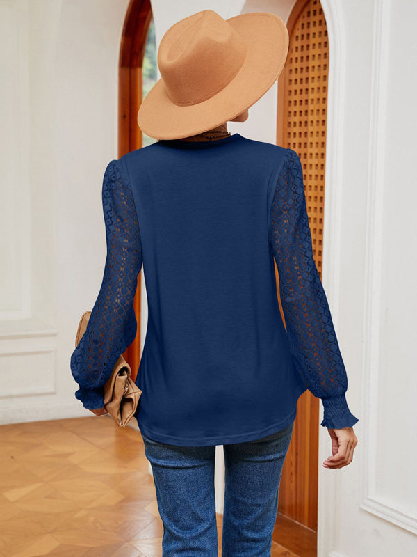 V-neck lace patchwork hollow long-sleeved loose top T-shirt Venus Trendy Fashion Online