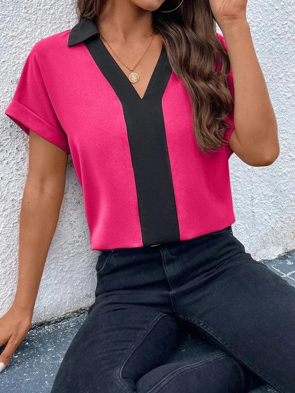 Women's Contrasting Color V-Neck Raglan Sleeve Lapel Loose Top Venus Trendy Fashion Online