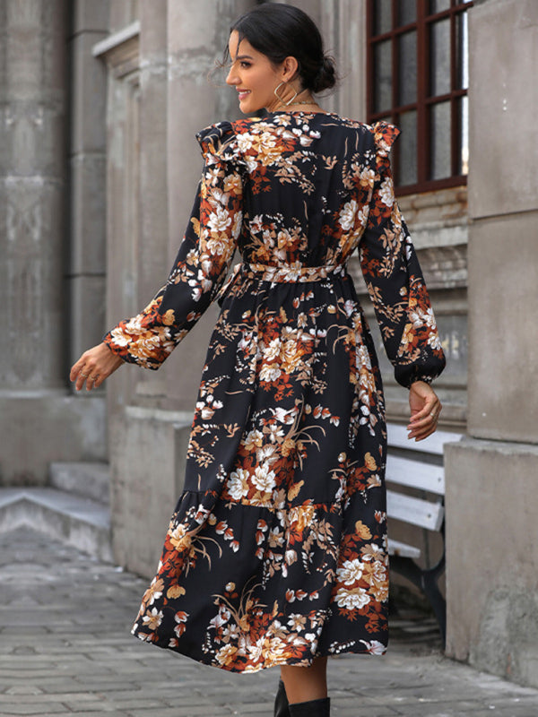 Women's Ruffle Belt Printed Autumn Dress Venus Trendy Fashion Online