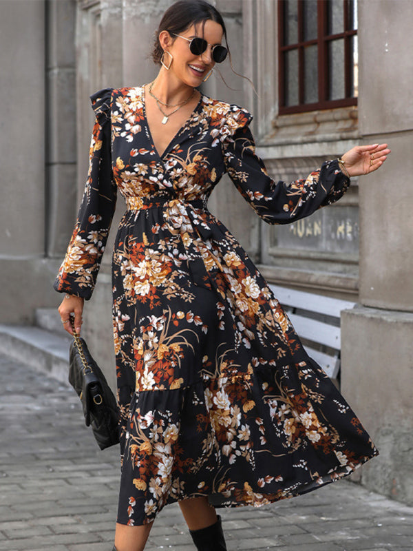 Women's Ruffle Belt Printed Autumn Dress Venus Trendy Fashion Online