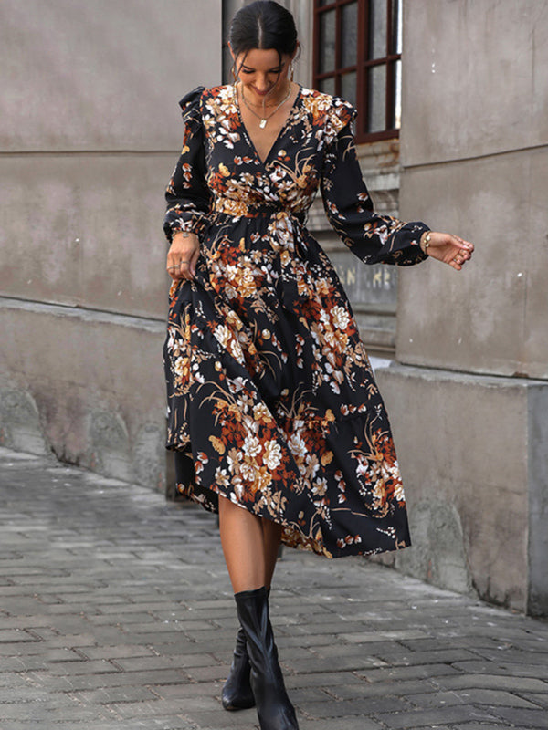 Women's Ruffle Belt Printed Autumn Dress Venus Trendy Fashion Online