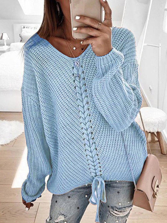 Women's long sleeve loose V-neck drawstring pullover sweater Venus Trendy Fashion Online