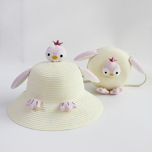 Children Kids Baby Fashion Girls Cartoon Penguin Woven Straw Shoulder Bag And Hat - Venus Trendy Fashion Online