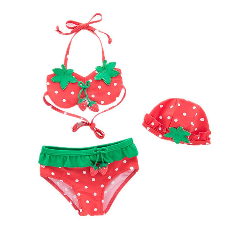 3 Pcs Girl Strawberry Pattern Halterneck Swimsuit And Bathing Cap