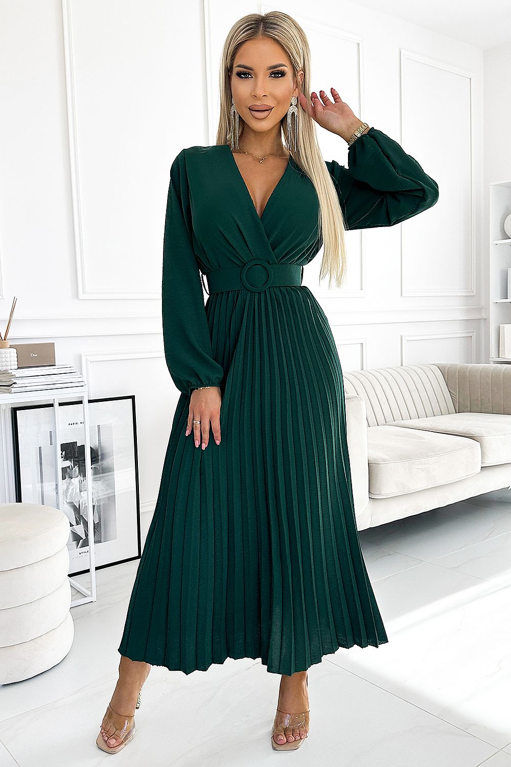 Pleated Midi Long Sleeves Green Color Cocktail dress - Venus Trendy Fashion Online