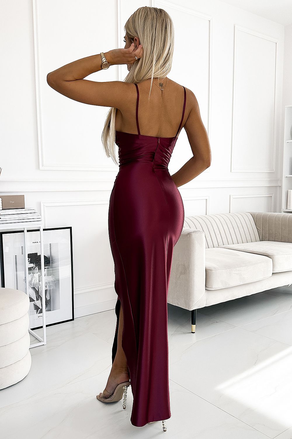 Long Satin Burgundy Color Evening dress - Venus Trendy Fashion Online