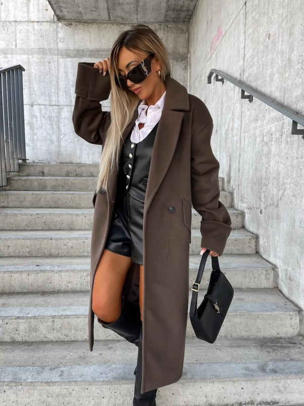 Women's new long-sleeved suit collar double-breasted woolen coat top - Venus Trendy Fashion Online