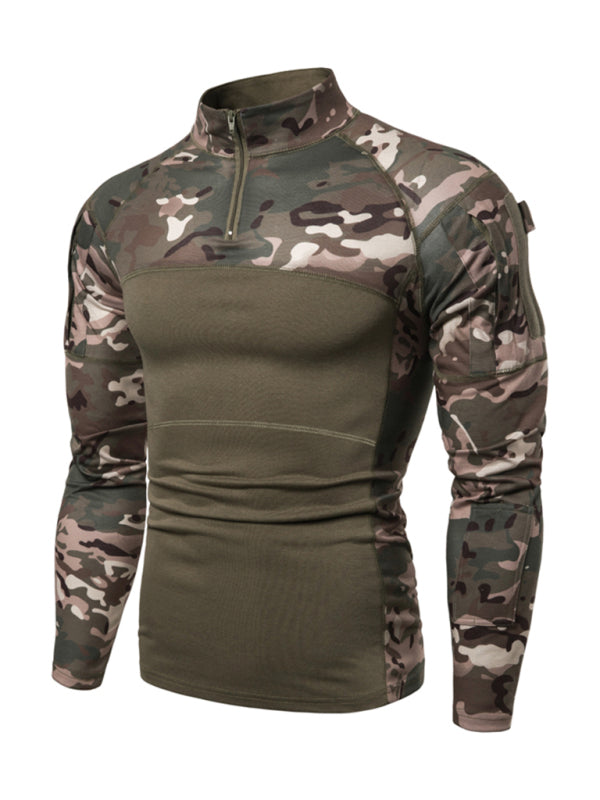 Men's Military Field Outdoor Elastic Fitness Camouflage Long Sleeve Zipper Pocket T-Shirt
