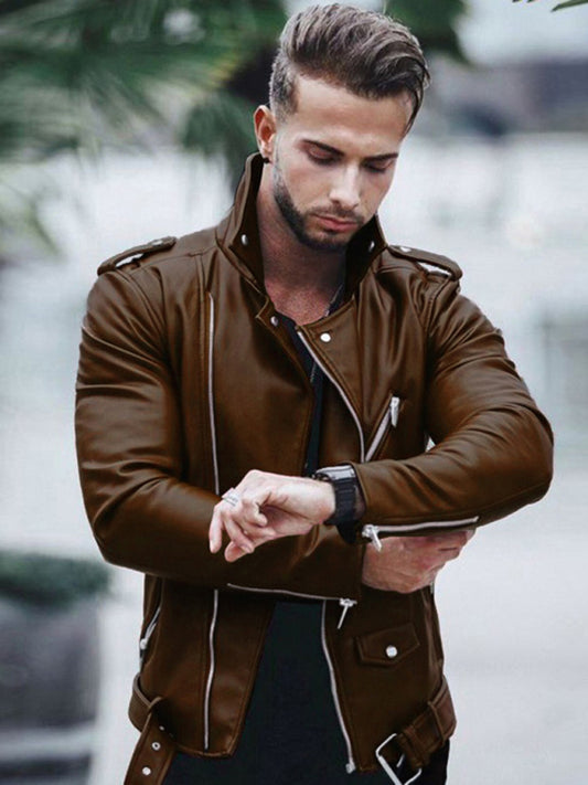 Men's stylish zipper leather biker jacket