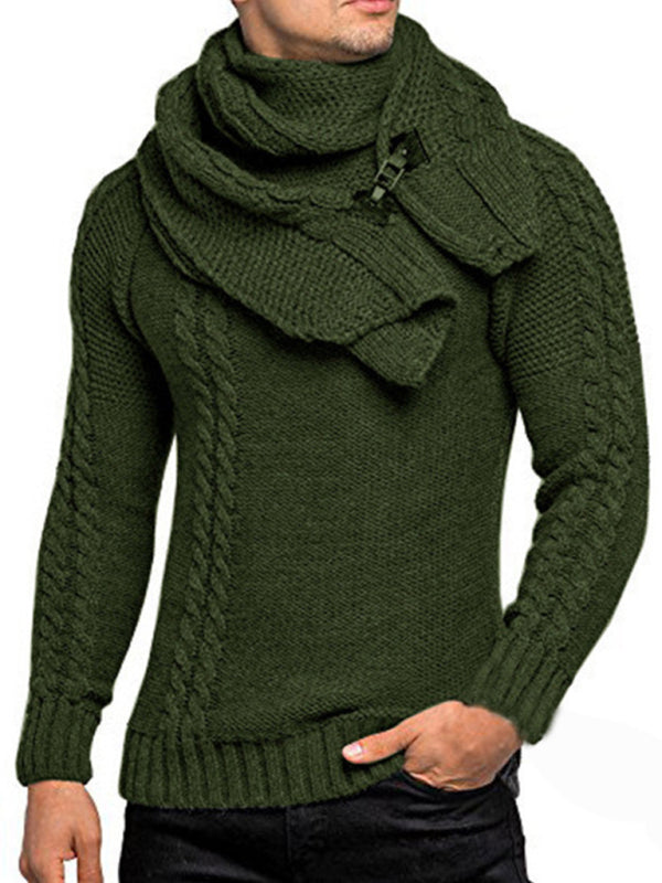 Men's fashionable scarf pullover solid color twist knitted sweater top - Venus Trendy Fashion Online