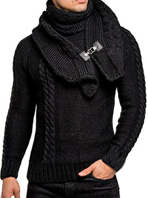 Men's fashionable scarf pullover solid color twist knitted sweater top - Venus Trendy Fashion Online