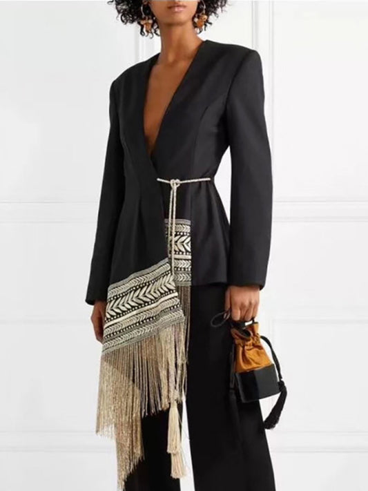Women's embroidered jacquard irregular tassel hem blazer - Venus Trendy Fashion Online