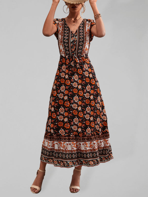 Women's Woven V-Neck Long Bohemian Dress - Venus Trendy Fashion Online