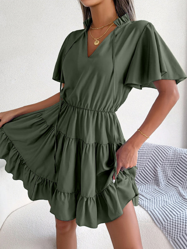 Women's Solid Color Lotus Leaf Swing A-Line Dress - Venus Trendy Fashion Online
