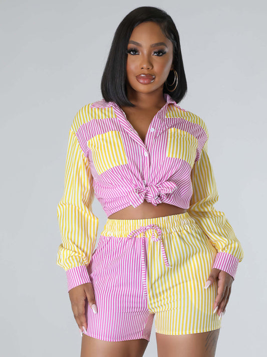 Women's striped color contrast shirt + shorts two-piece suit - Venus Trendy Fashion Online