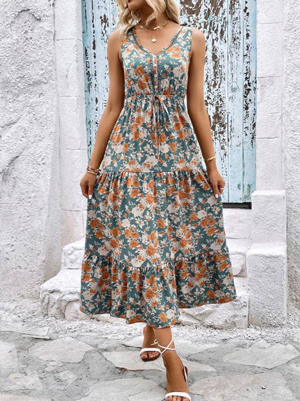 Fashion Casual Ladies Button Sleeveless Floral Print Dress - Venus Trendy Fashion Online