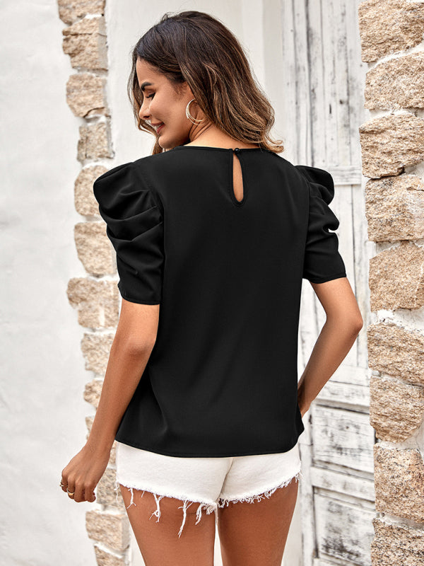 New solid color puff sleeve V-neck slim top - Venus Trendy Fashion Online