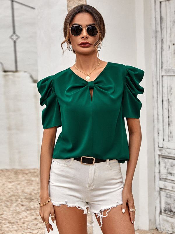New solid color puff sleeve V-neck slim top - Venus Trendy Fashion Online