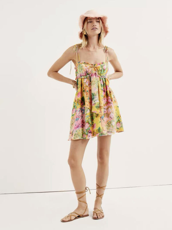 Lace-up French niche color-block floral sling dress with wooden ears - Venus Trendy Fashion Online