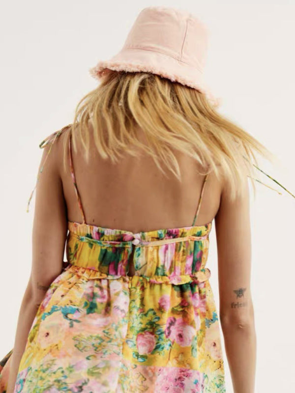 Lace-up French niche color-block floral sling dress with wooden ears - Venus Trendy Fashion Online