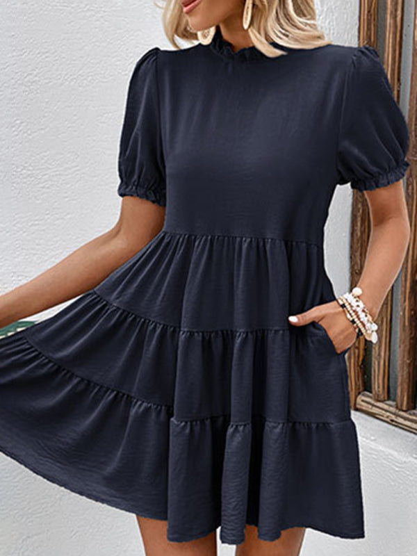 women's multilayer pleated loose puff sleeve dress
