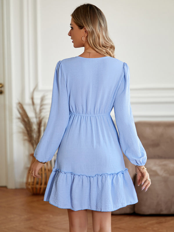 New V-neck slim-fitting waist solid color button-embellished dress - Venus Trendy Fashion Online