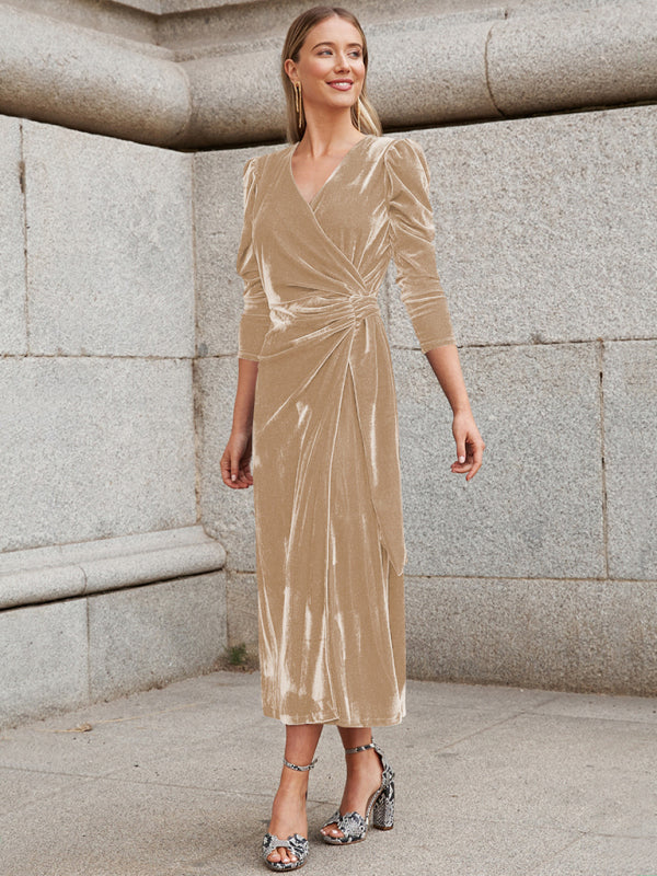 French Elegant Long Sleeve Evening Gown Gold Velvet Dress