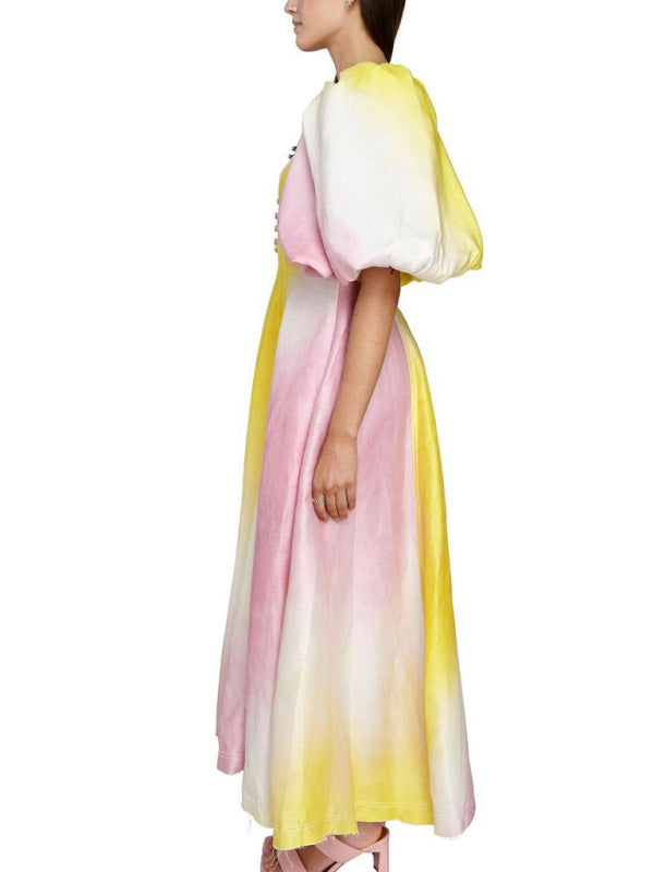 New fashion colorful V-neck lantern sleeve dress