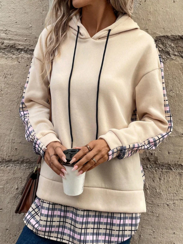 New women's fashion hooded contrasting plaid splicing slit sweatshirt - Venus Trendy Fashion Online