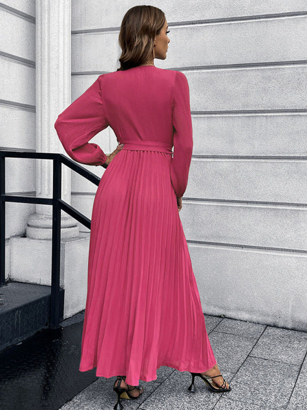 V-neck long-sleeved pleated A-line midi dress