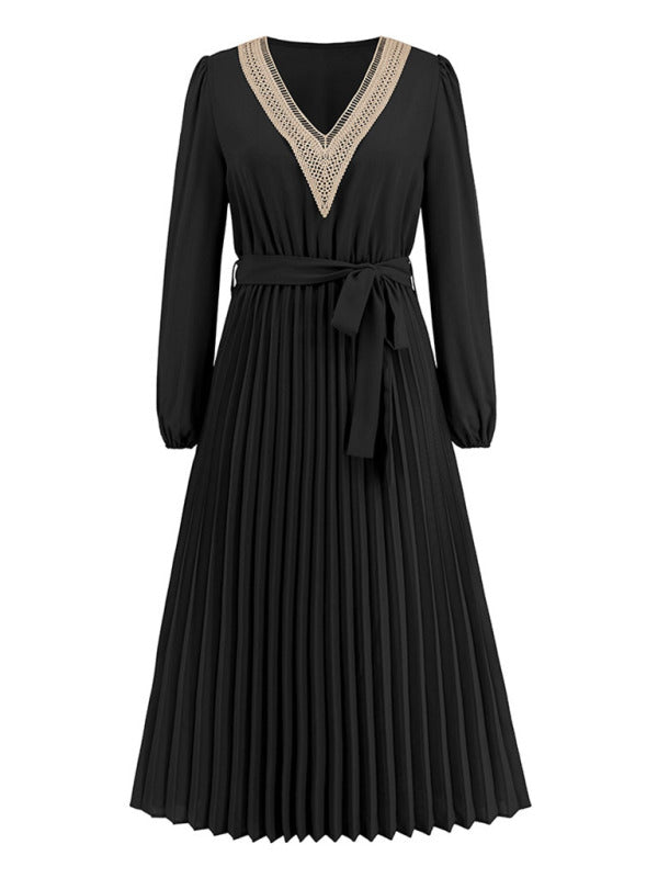 V-neck lace pleated dress mid-length A-line dress