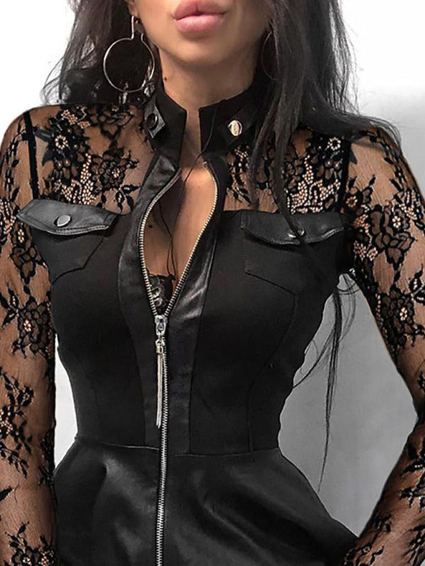 Long sleeve V-neck zipper pu pocket dress for women
