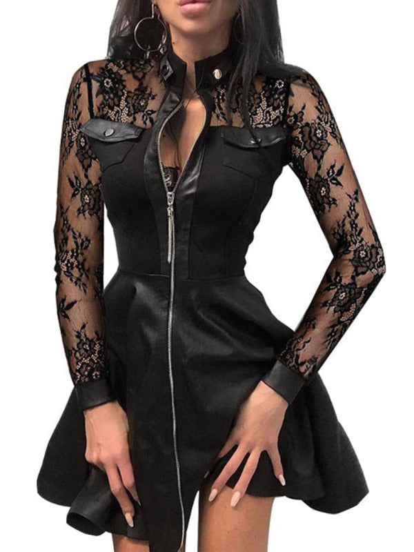 Long sleeve V-neck zipper pu pocket dress for women