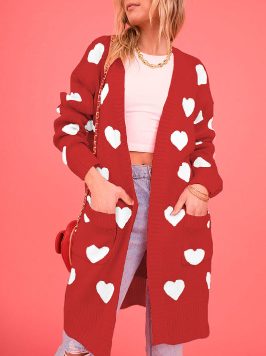 Women's knitted love pocket V-neck mid-length cardigan - Venus Trendy Fashion Online