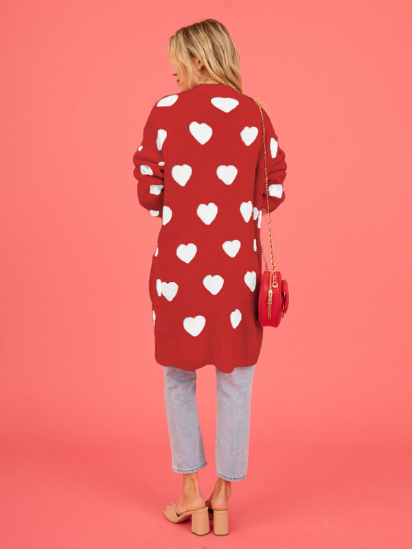 Women's knitted love pocket V-neck mid-length cardigan