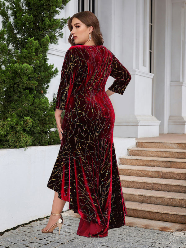Three-quarter sleeve mermaid high-low hem maxi velvet dress - Venus Trendy Fashion Online