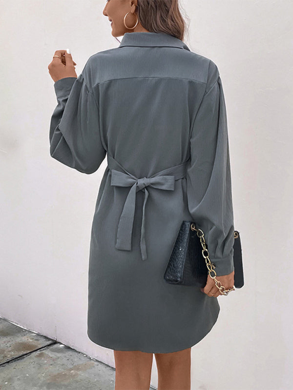 Women's Button Long Sleeve Solid Color Shirt Dress - Venus Trendy Fashion Online