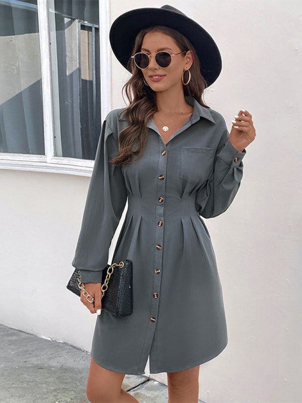 Women's Button Long Sleeve Solid Color Shirt Dress - Venus Trendy Fashion Online