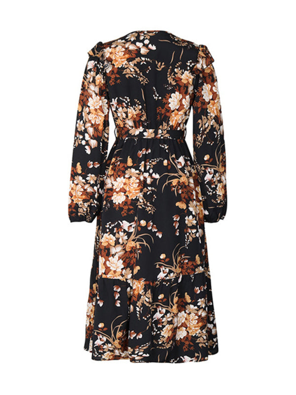 Women's Ruffle Belt Printed Autumn Dress - Venus Trendy Fashion Online